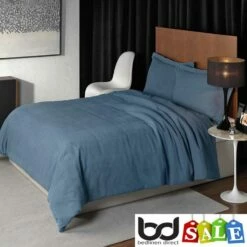 Linen Leaf Cotton Duvet Cover Sets -Bed Linings Shop linen leaf duvet cover sets in denim blue 1